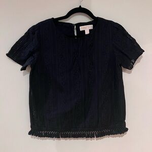 Michael Kors Black Basics Short Sleeve Lace Fringe Cotton Top